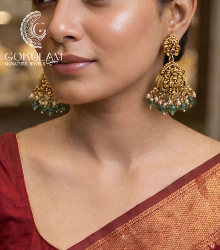 Temple Jhumkas with Green Beads