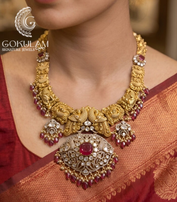 Regal Ruby Pendant Temple Necklace Set