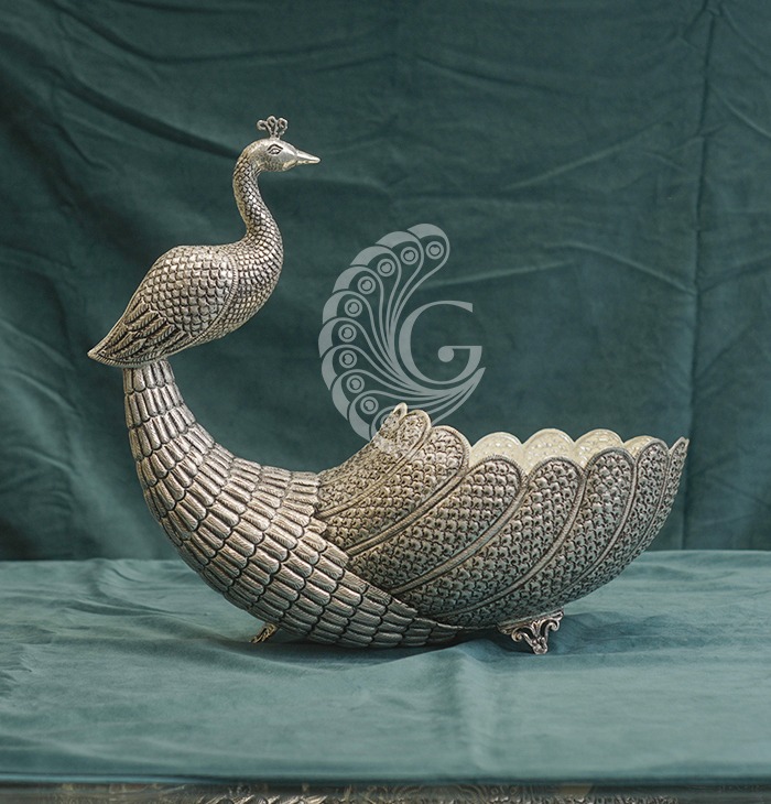 Peacock Design Silver Decorative Bowl