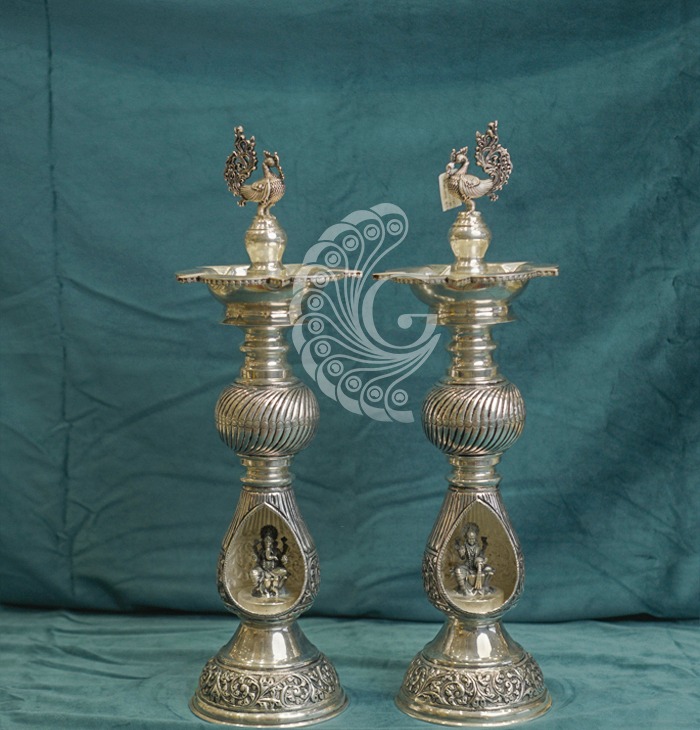 Peacock Finial Silver Deepam Pair