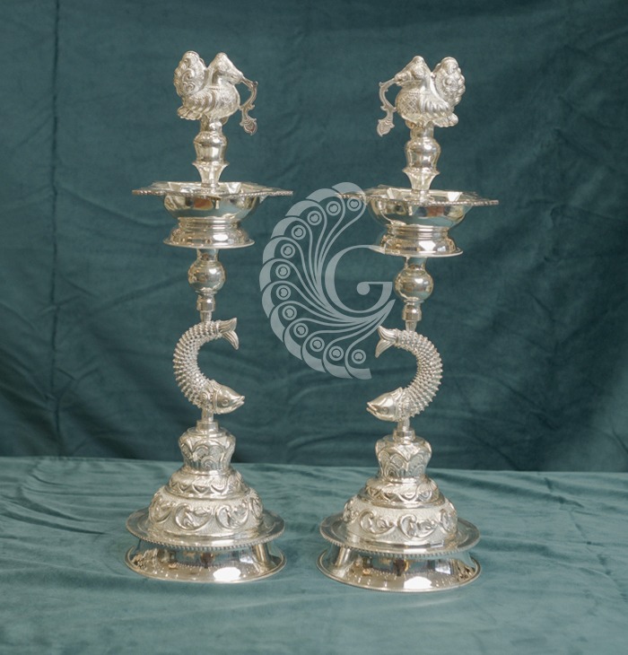 Rooster Crest Silver Deepam Pair