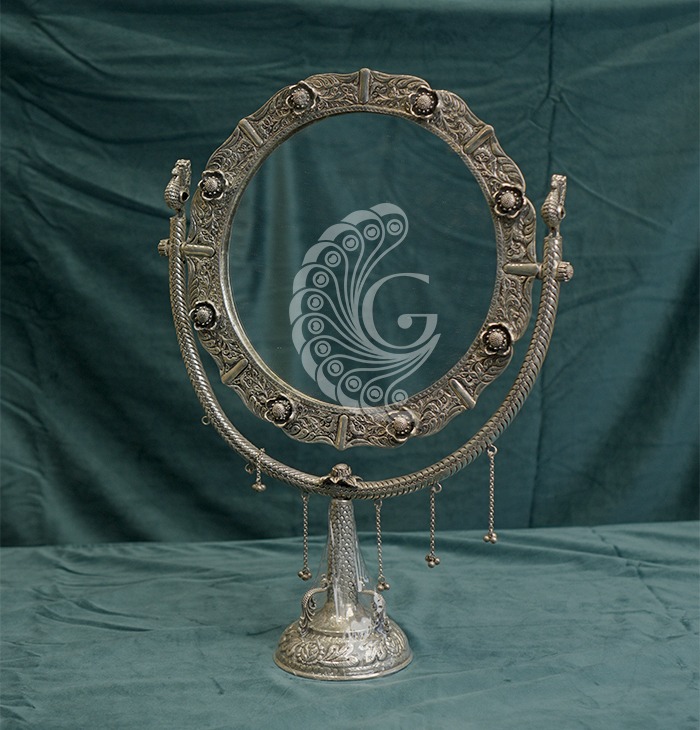 Ornate Peacock Silver Vanity Mirror