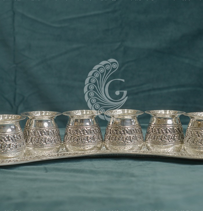 Engraved Silver Pooja Cup Set with Tray
