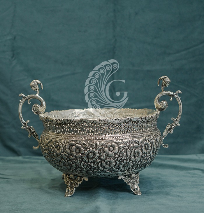 Floral Embossed Silver Decorative Bowl