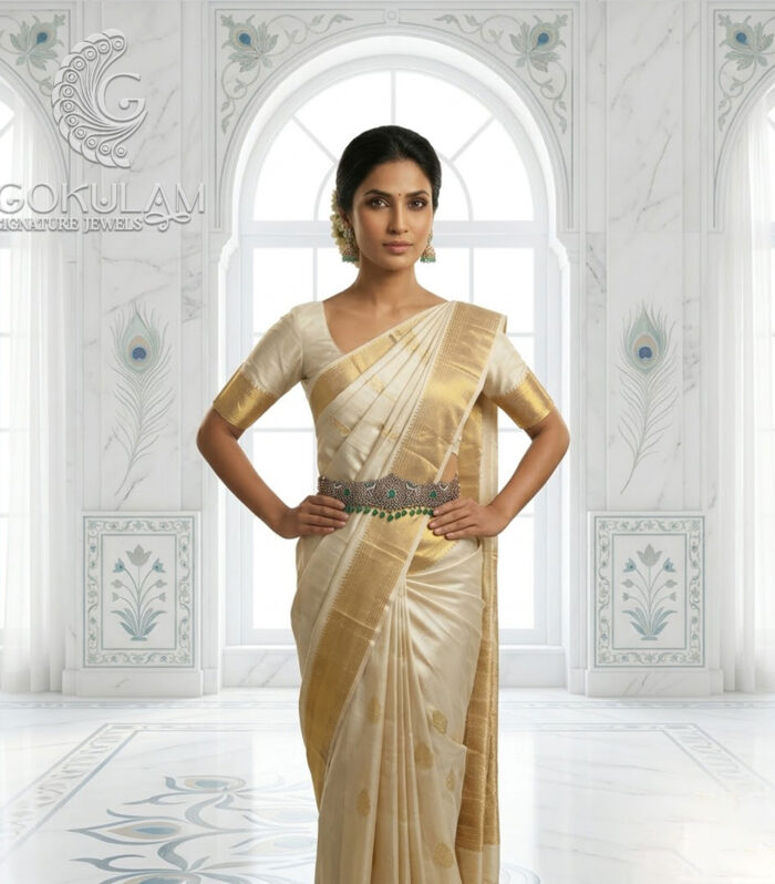 Emerald CZ Peacock Floral Vaddanam Waist Belt