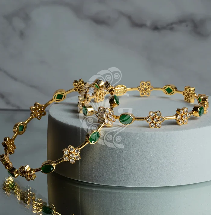 Green Stone Floral Gold Bangles