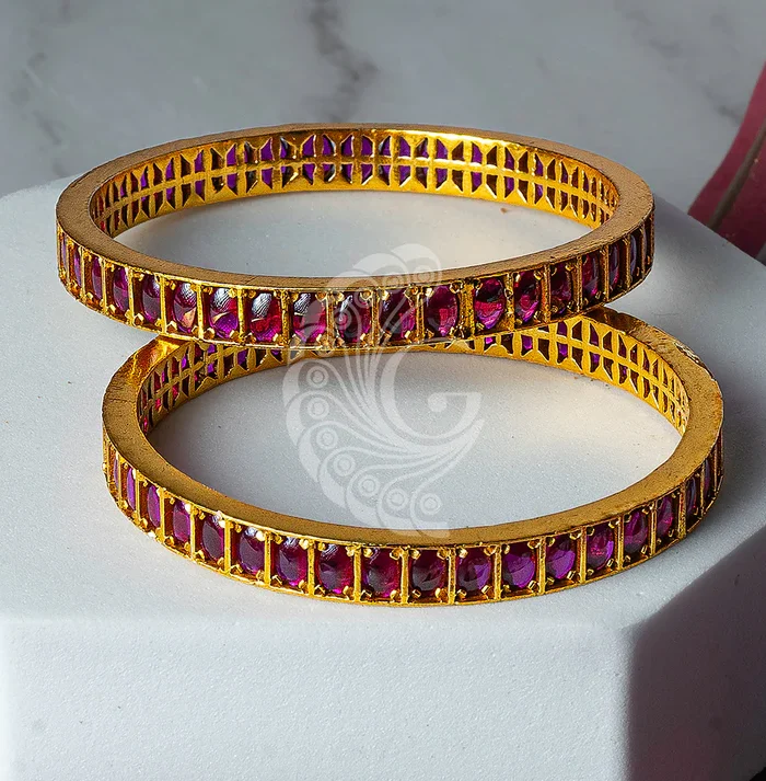 Ruby Stone Floral Gold Bangles