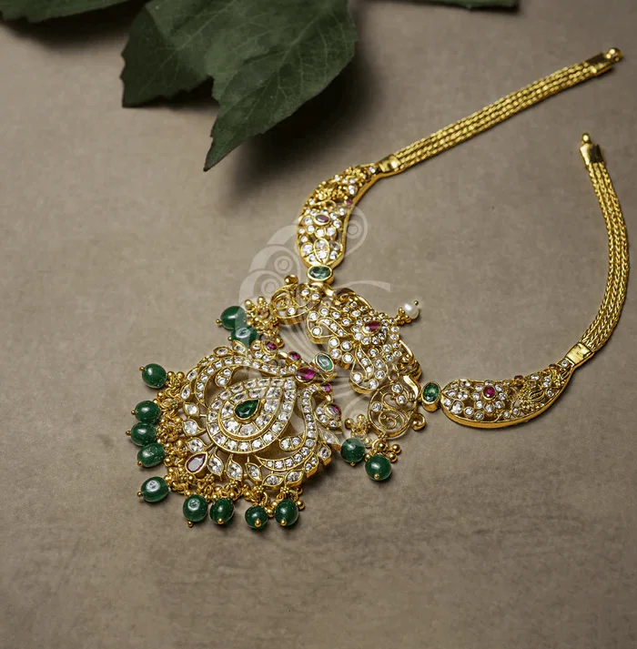 Green Beads Kundan CZ Statement Necklace