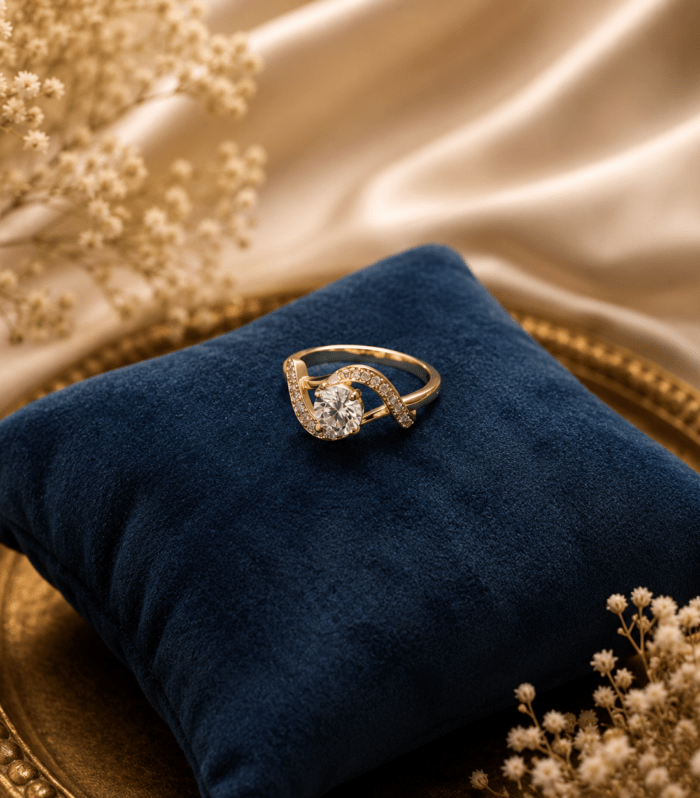 Gold Swirl Solitaire Crystal Ring
