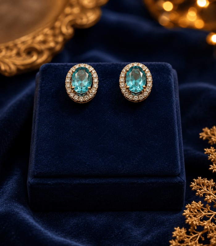 Aqua Blue Oval Halo Stud Earrings