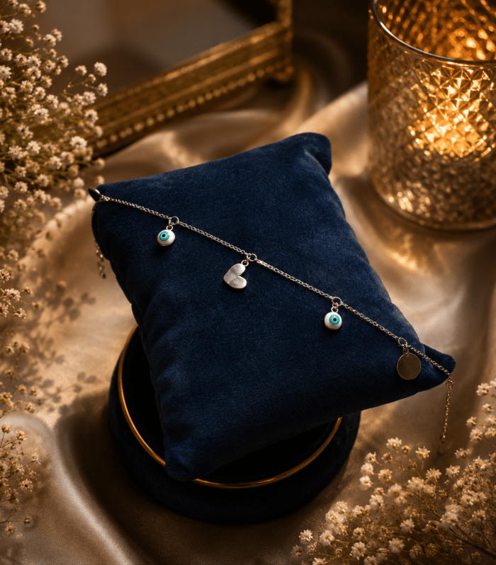 Silver Evil Eye & Heart Charm Bracelet