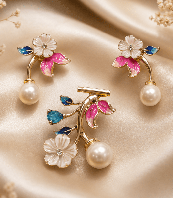 Floral Enamel Pearl Saree Pin Set