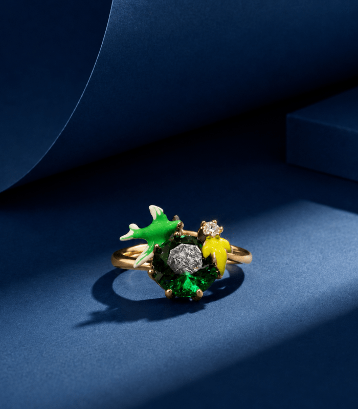 Emerald Green Enamel Leaf Statement Ring