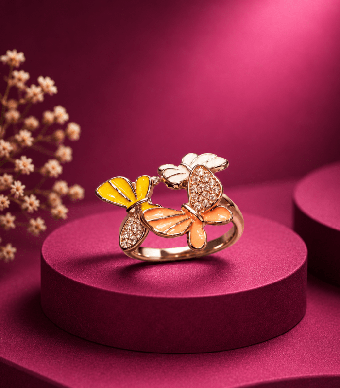 Double Butterfly Enamel Crystal Ring