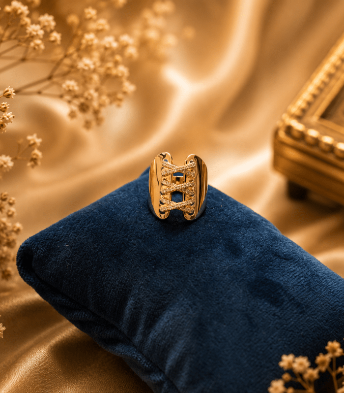 Gold Lace-Up Crystal Statement Ring
