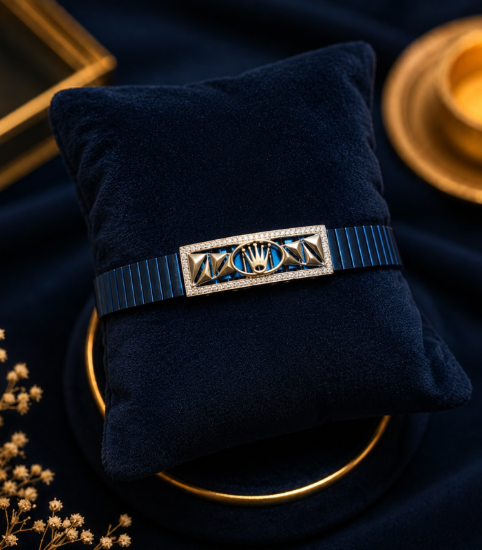 Men's Blue Link Bracelet with Gold Crown Emblem