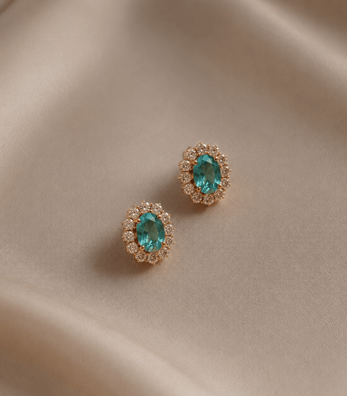 Aqua Blue Sunburst Halo Stud Earrings