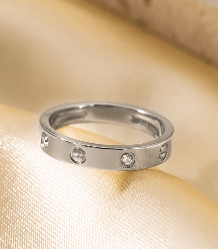 Silver Screw Motif Crystal Band Ring