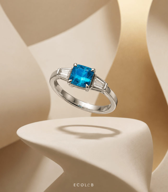 Blue Topaz Cushion Cut Three-Stone Ring