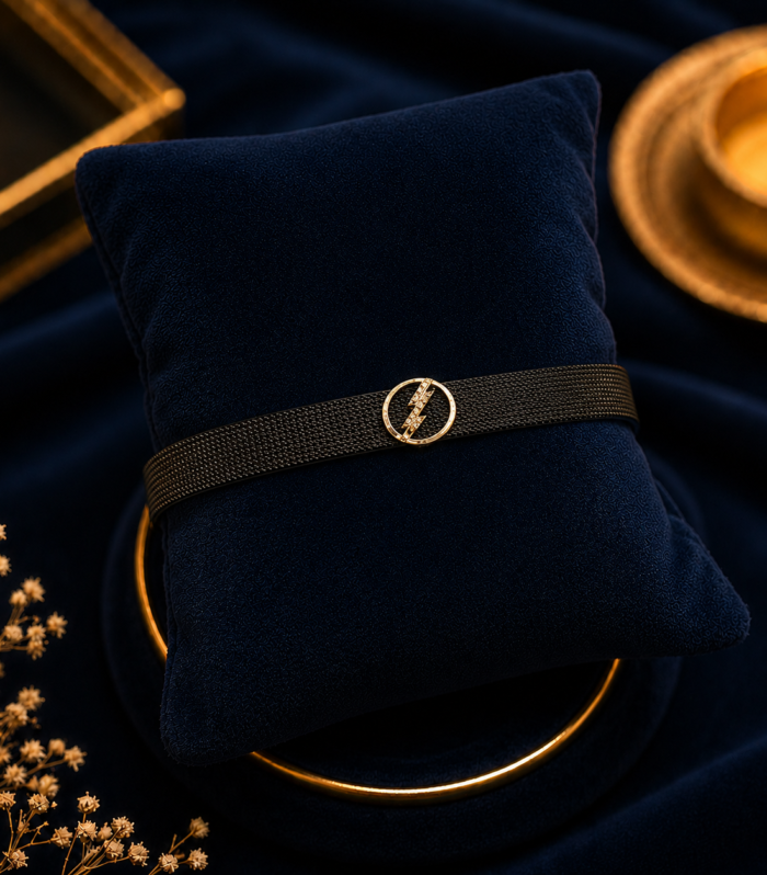 Men's Black Mesh Bracelet with Gold Lightning Bolt