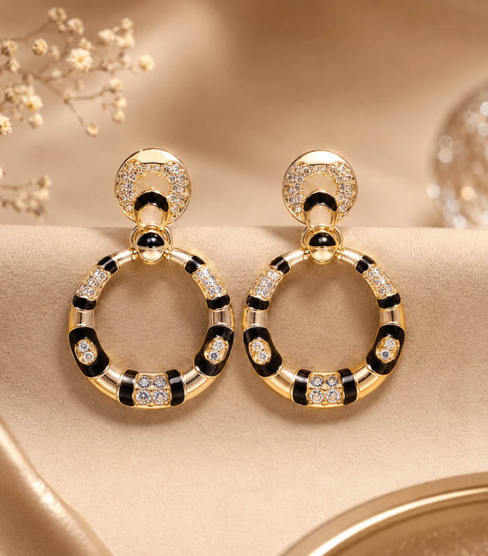 Black Enamel Crystal Hoop Earrings