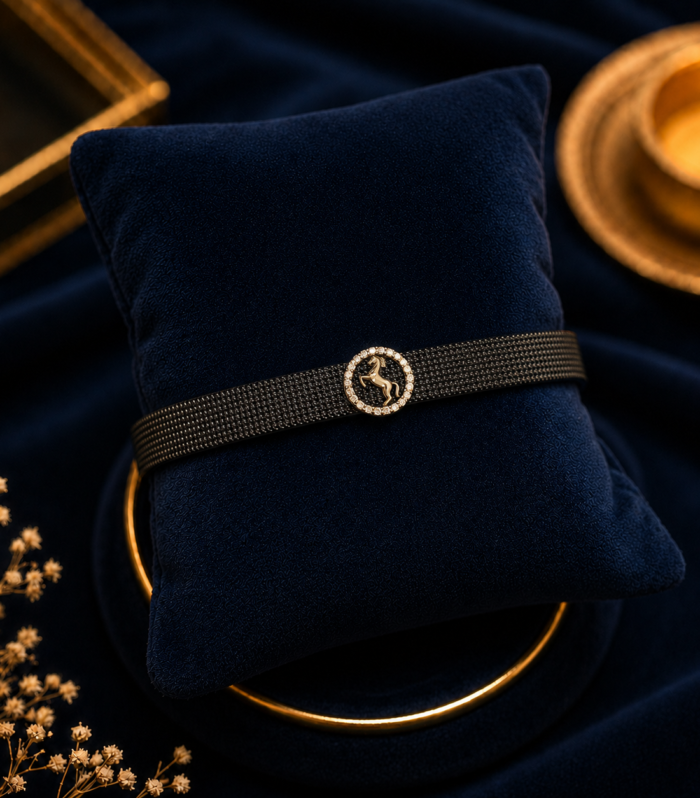 Men's Black Mesh Bracelet with Gold Rearing Horse