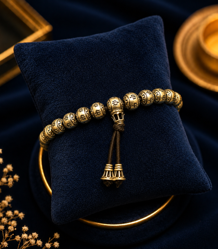 Antique Gold Engraved Bead Bracelet with Tassel Closure