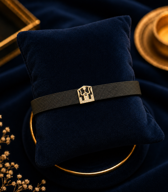 Men's Black Mesh Bracelet with Gold Crest Charm