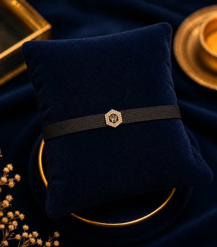 Men's Black Mesh Bracelet with Gold Hexagon Charm