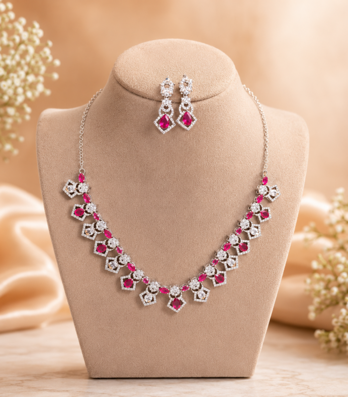 92.5 Silver Pink Stone Necklace & Earrings Set
