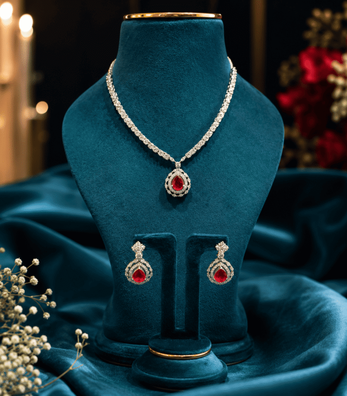 Elegant 92.5 Silver Ruby Red Necklace & Earrings Set