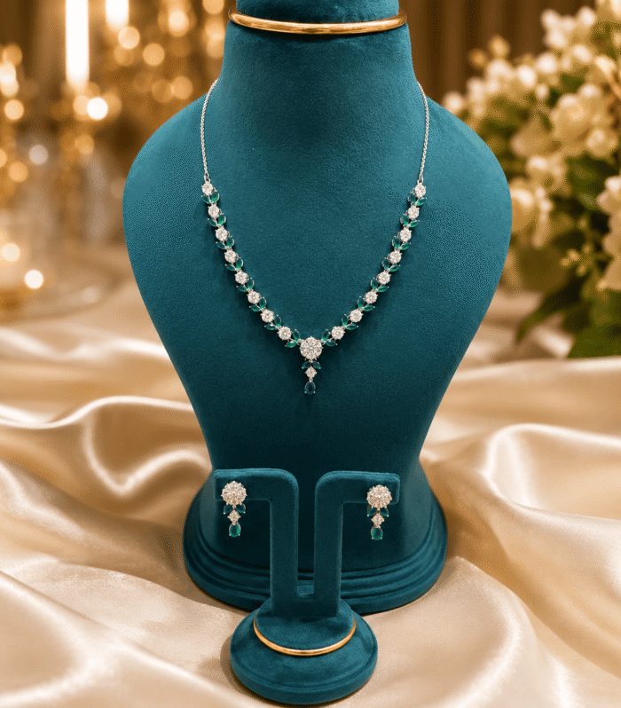 Elegant 92.5 Silver Emerald Green Necklace & Earrings Set