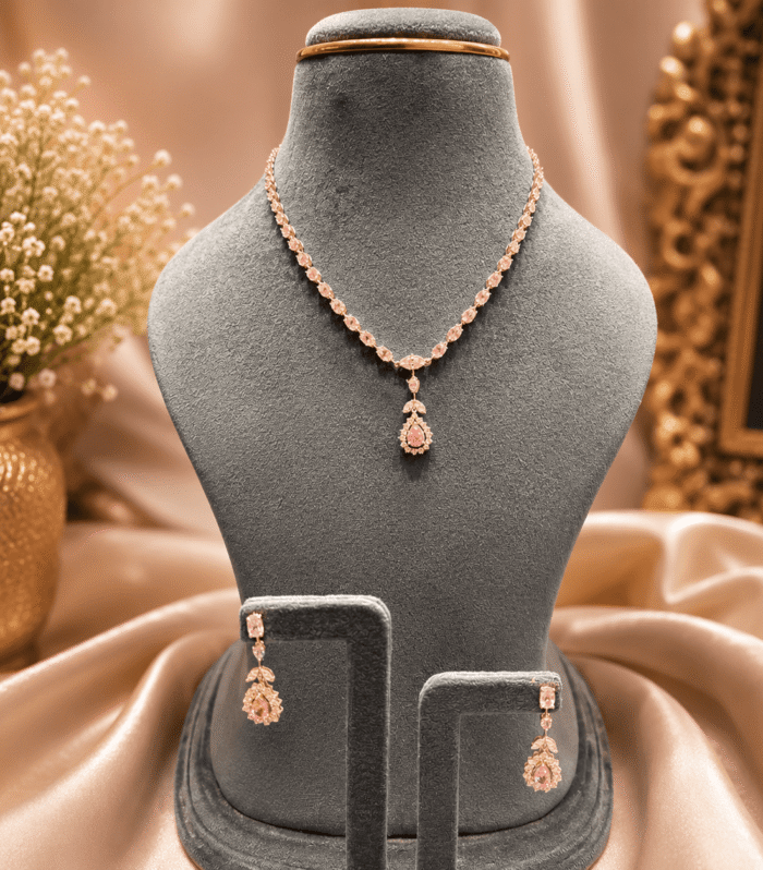 92.5 Silver Pink Stone Teardrop Necklace & Earrings Set
