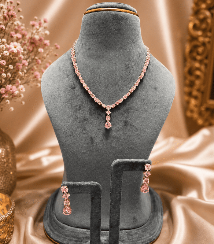 92.5 Silver Pink Teardrop Necklace & Earrings Set