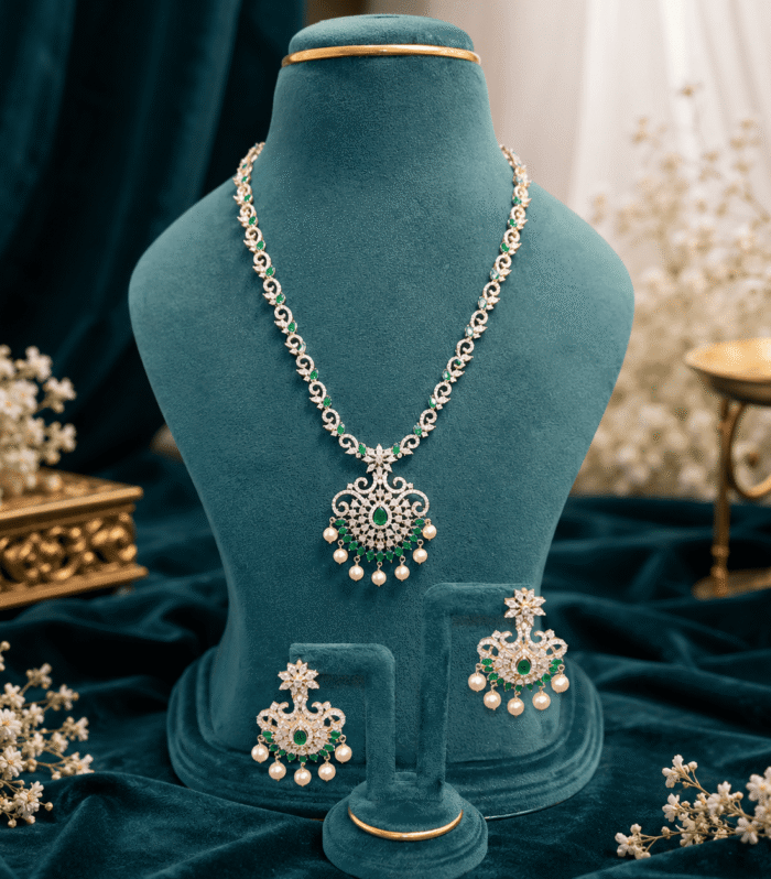 Elegant Green Stone & Pearl Silver Jewellery Set