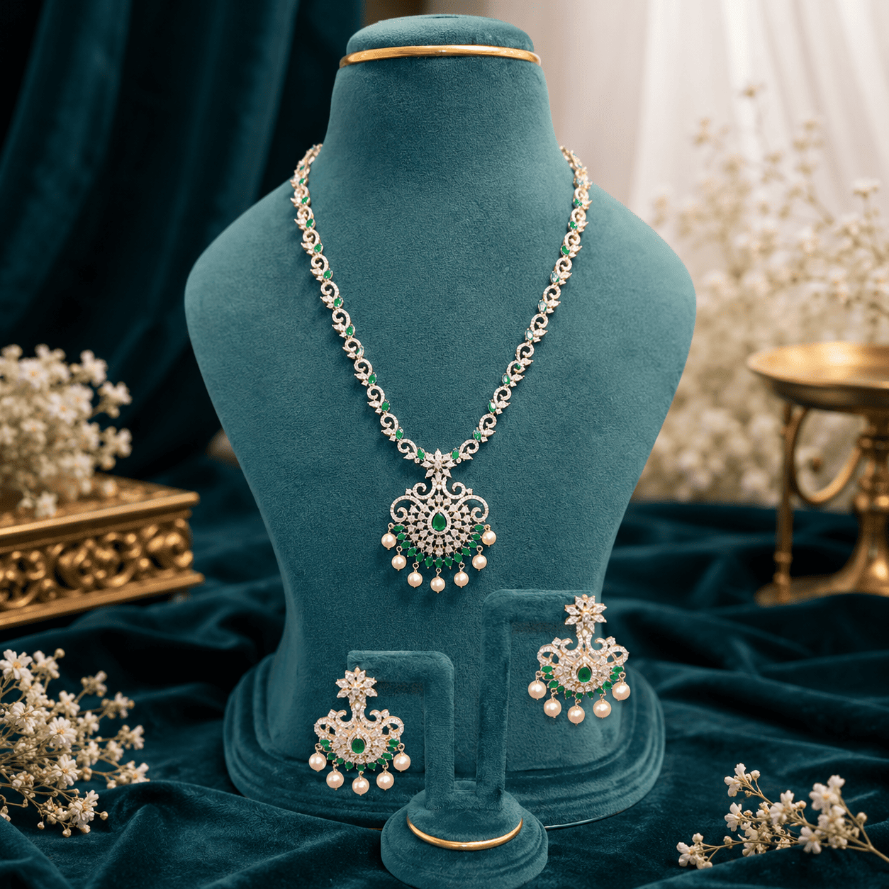 Elegant Green Stone & Pearl Silver Jewellery Set