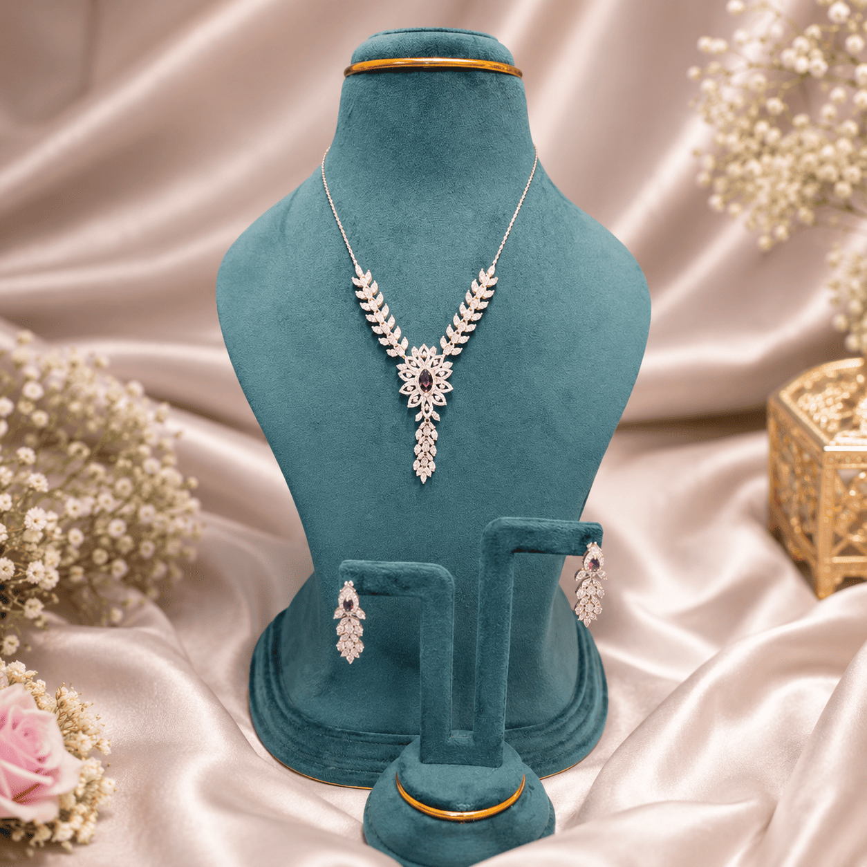 Elegant 92.5 Silver Purple Stone Necklace Set