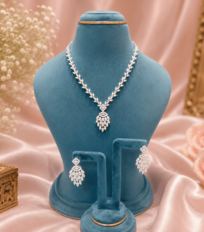 Elegant 92.5 Silver Leaf Drop Jewellery Set