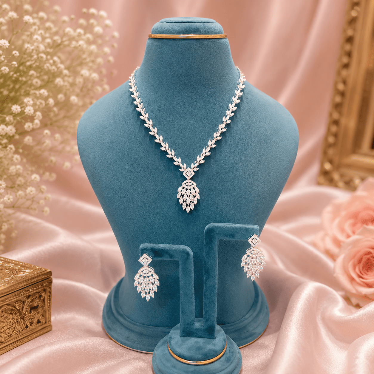 Elegant 92.5 Silver Leaf Drop Jewellery Set