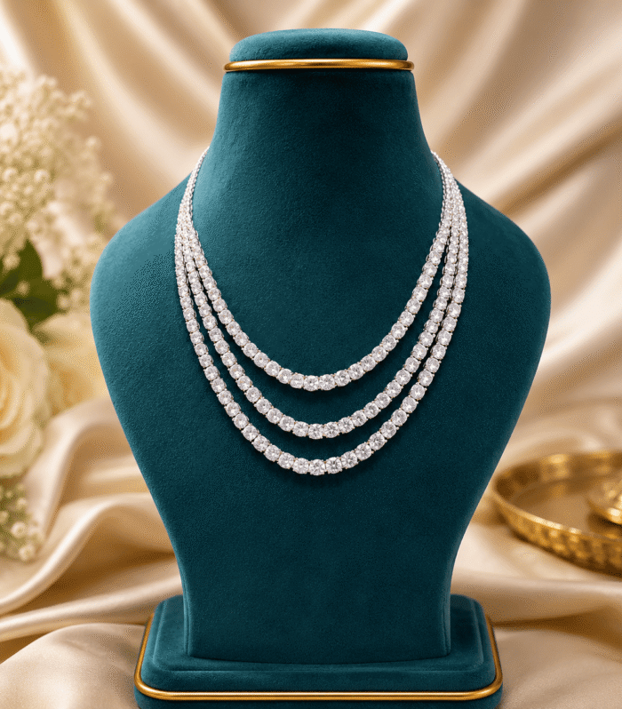 Italian Silver Multi-Layer White Stone Necklace