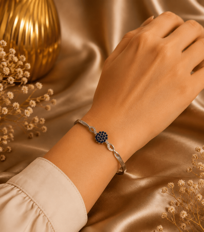 Elegant Blue Floral Silver Bracelet