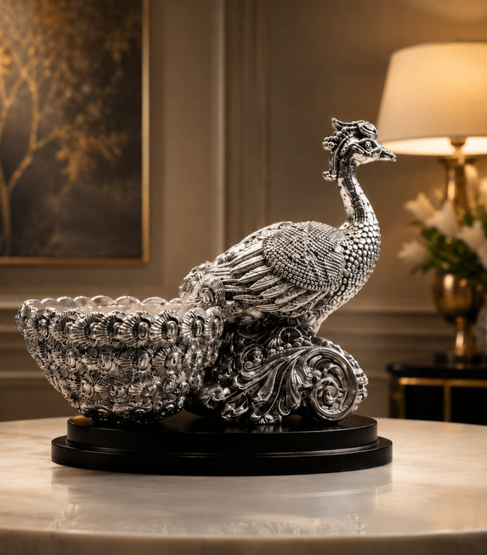 Elegant Silver Peacock Dry Fruit Bowl