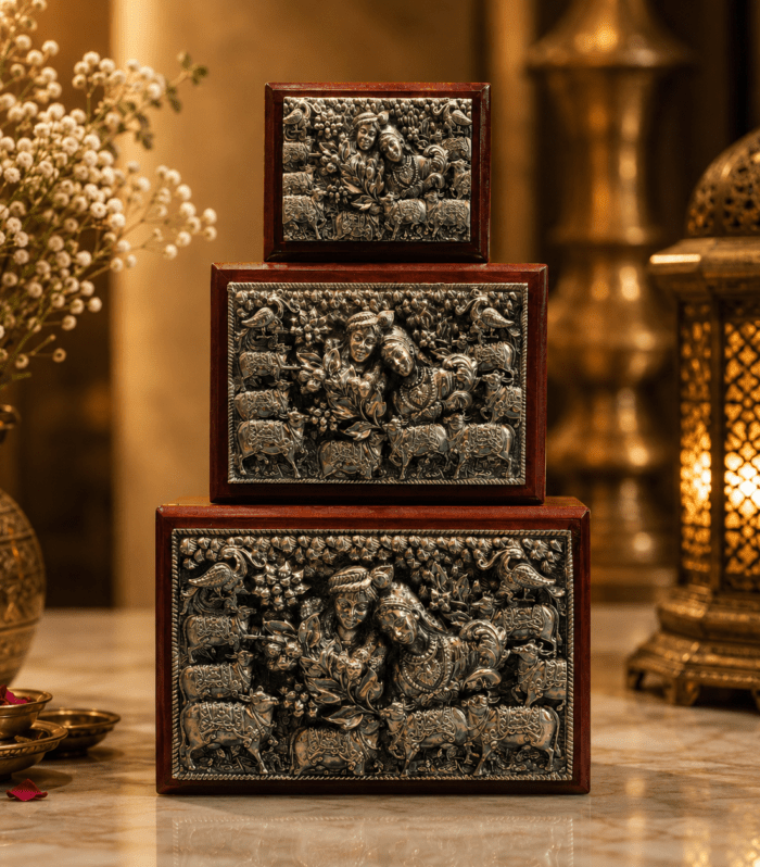 Radha Krishna Silver Embossed Wooden Frame