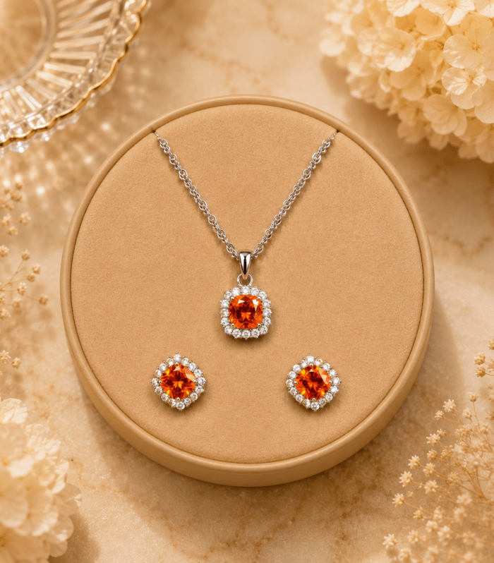 Orange Sunburst Halo Pendant Set