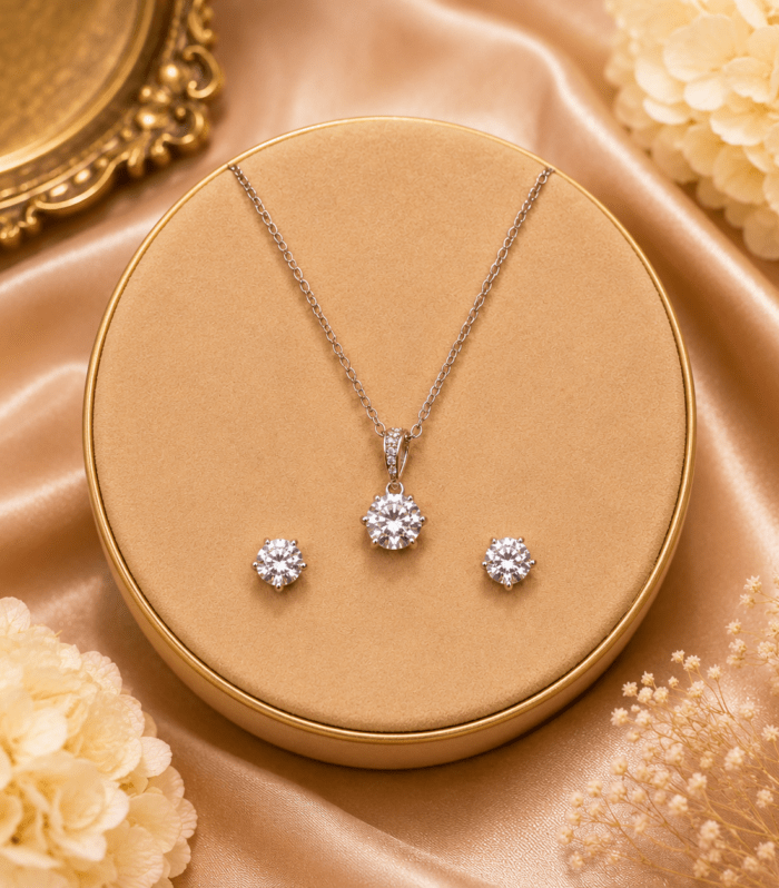 Classic Silver Solitaire Pendant Set