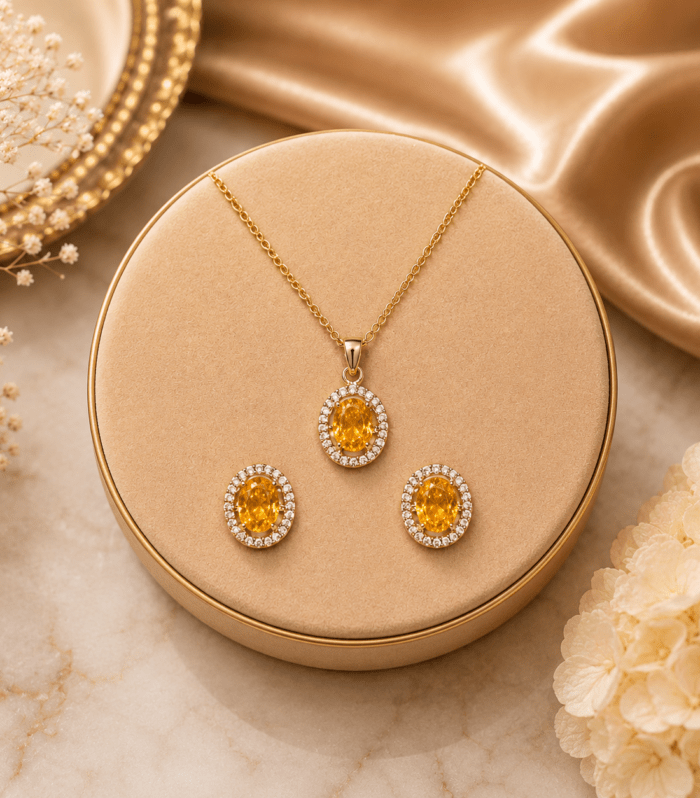 Citrine Yellow Oval Halo Pendant Set
