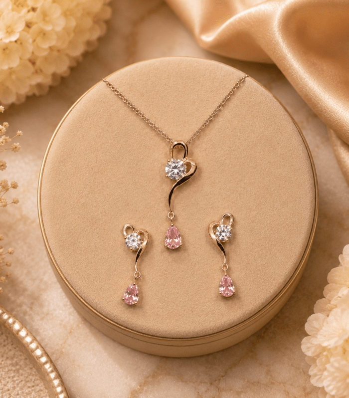 Rose Gold Heart Swirl Pink Drop Pendant Set