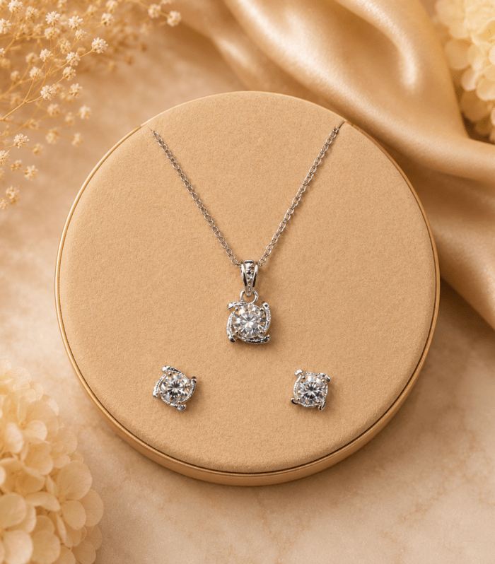 Silver Vintage Prong Solitaire Pendant Set