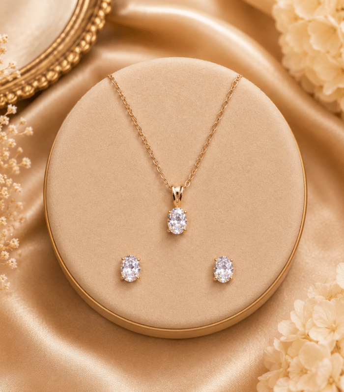 Gold Oval Solitaire Pendant Set