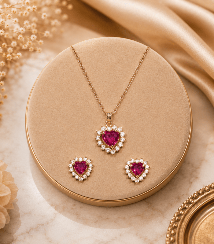 Ruby Pink Heart Halo Pendant Set